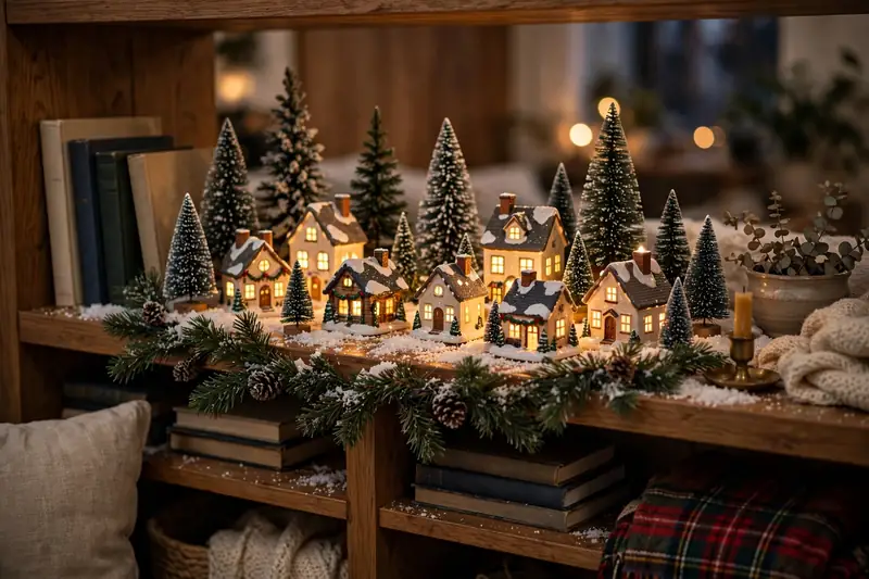 Christmas village houses with warm lights on a bookshelf with garland