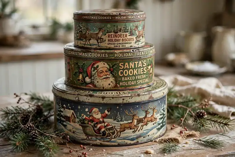 Stack of vintage Christmas cookie tins with retro Santa designs on a kitchen counter