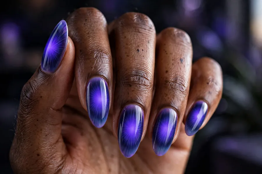 Violet storm aura nails with electric violet and indigo aura