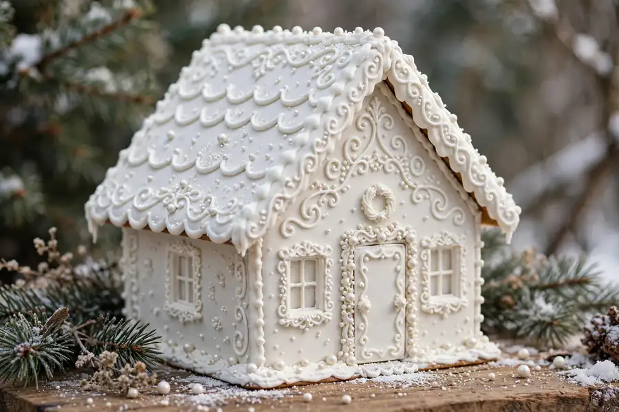 Photorealistic photograph of an elegant all-white gingerbread house with white icing details and sugar pearls