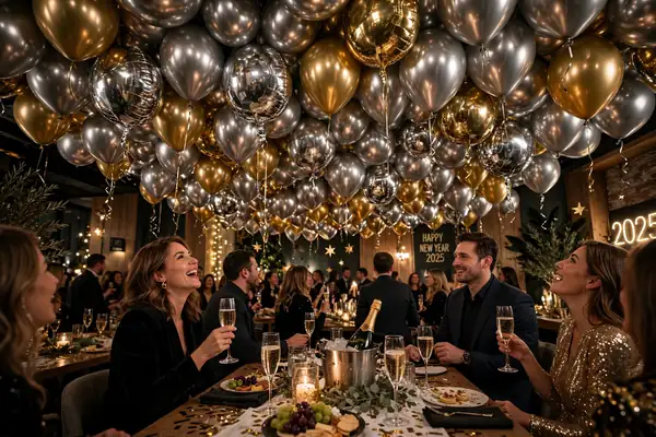 Silver and gold balloon ceiling floating above a New Year's Eve party