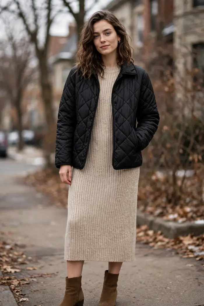 Woman wearing a black quilted jacket over a knit midi dress and ankle boots