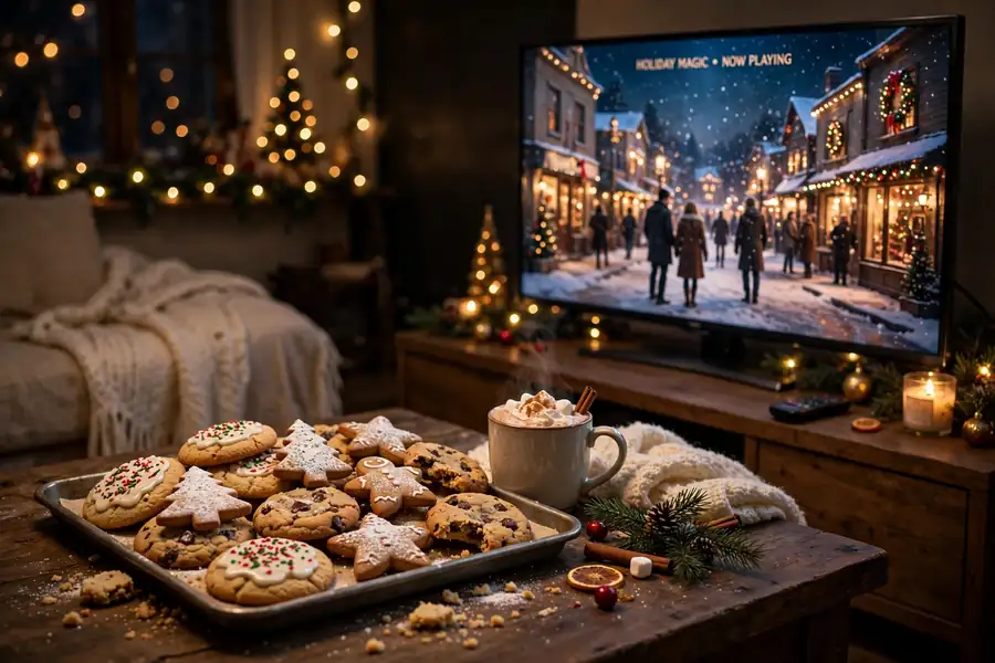 Freshly baked Christmas cookies on a tray beside a television showing a holiday movie