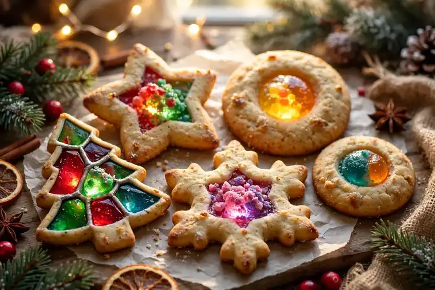Stained glass cookies with colourful crushed candy centres glowing in light
