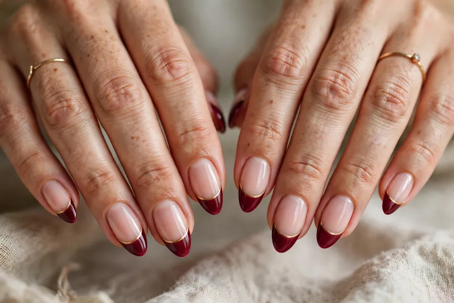 Cranberry French nails with thin gold line detail