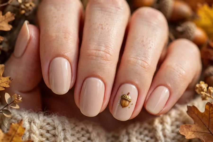 Nude nails with tiny acorn accents