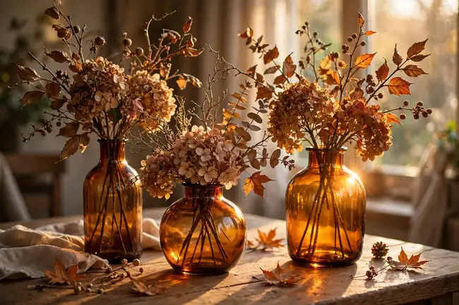 Fall home decor ideas with amber glass vases and fall branches