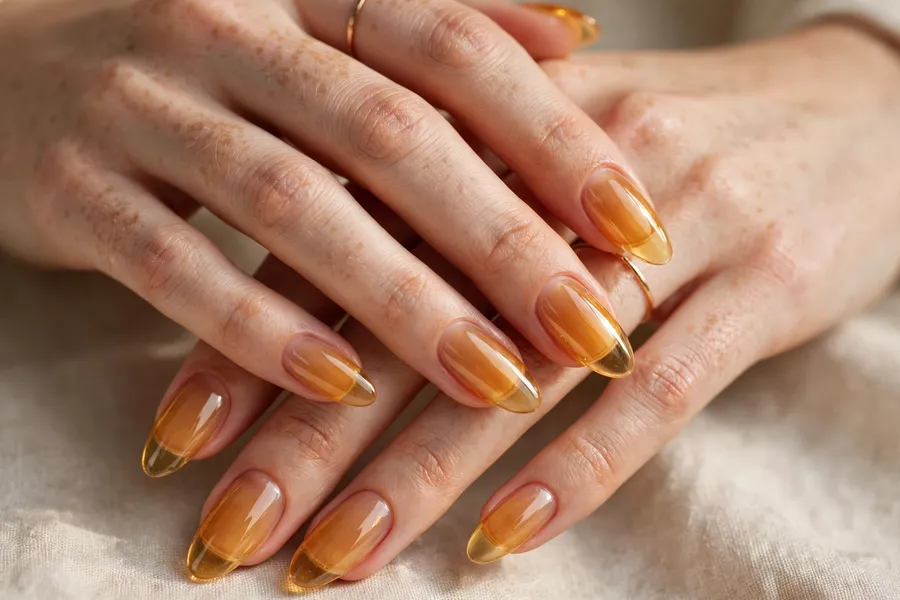 Amber honey translucent glass nails on real hands