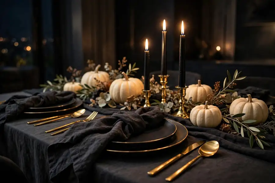 Modern black and gold thanksgiving table setting with candles