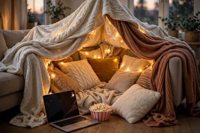 Blanket fort with fairy lights for a cozy fall movie night