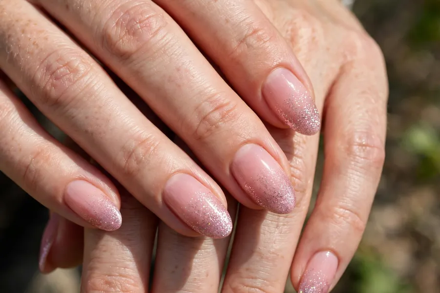 Blush nails with a glitter fade on real hands with sparkling pink tips