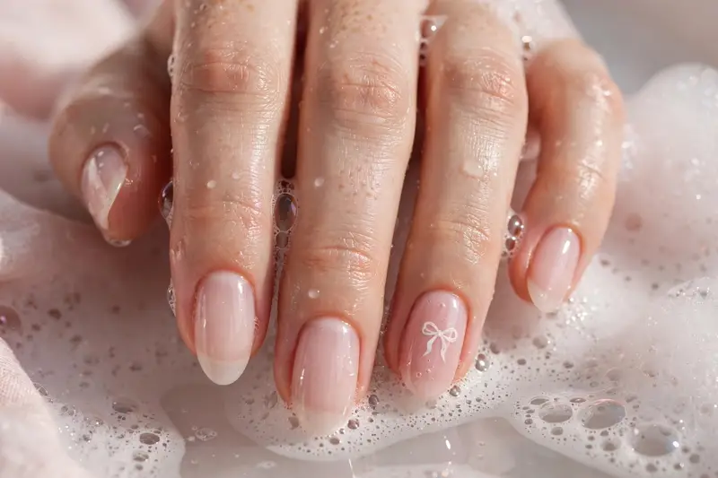 Sheer pink bubble bath nails with tiny bow accent on real hands