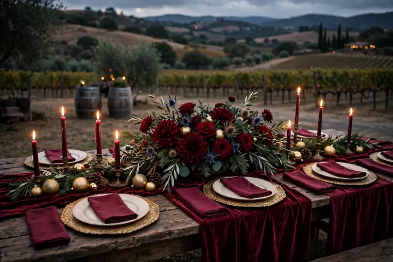 Burgundy and gold christmas table setting with dark red roses