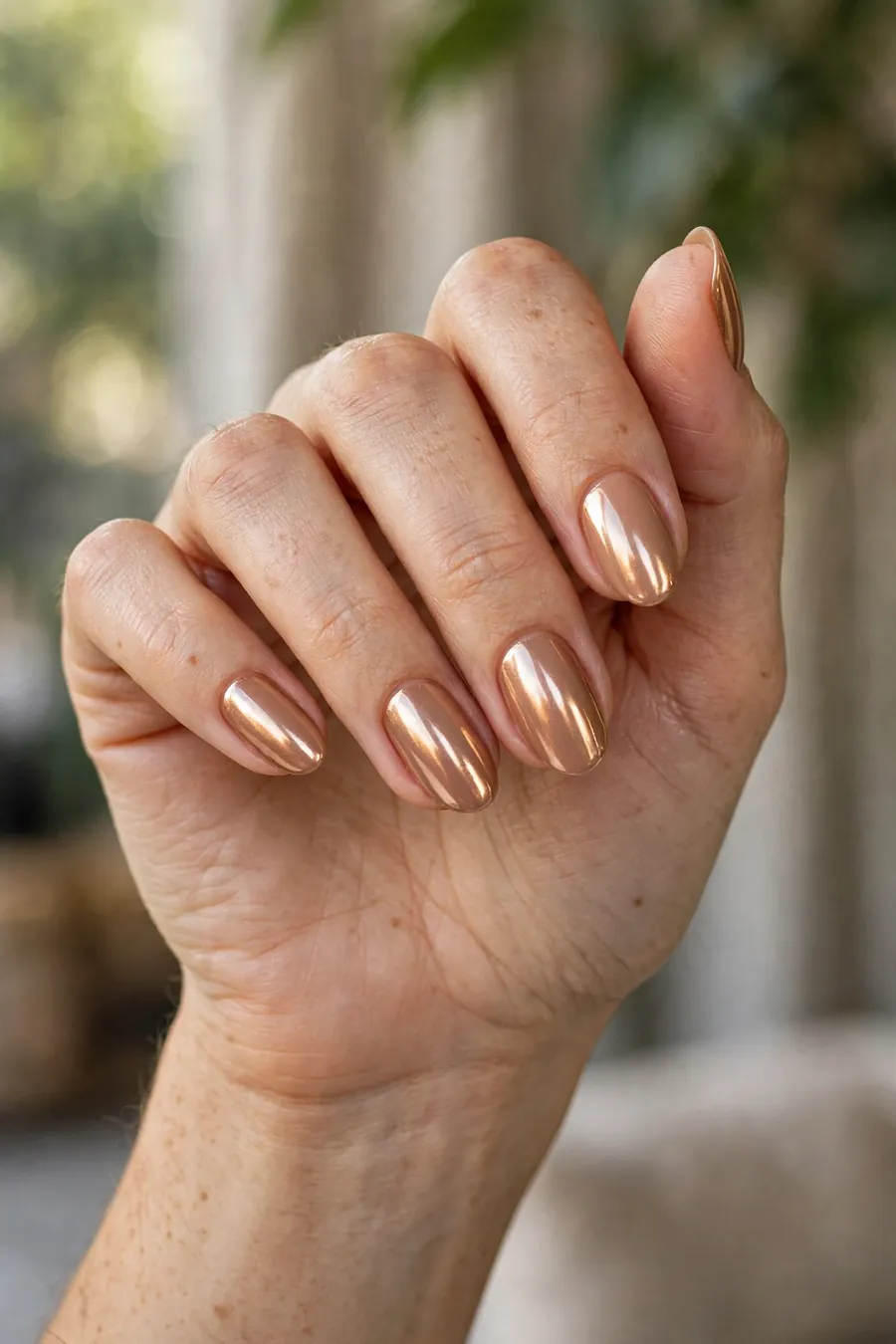 Caramel nude nails with a mirror chrome finish, warm metallic glow