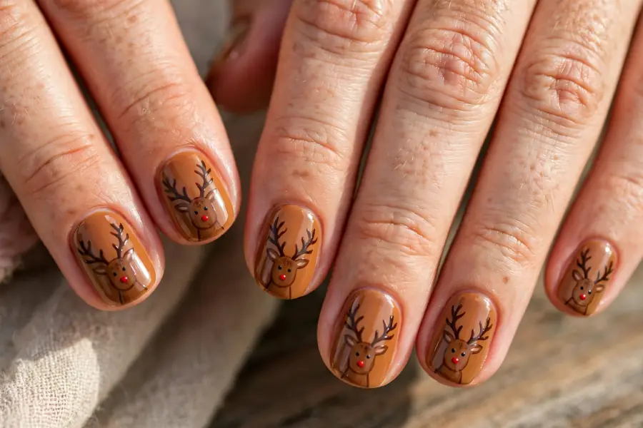 Warm caramel brown reindeer nails on real hands with a glossy finish