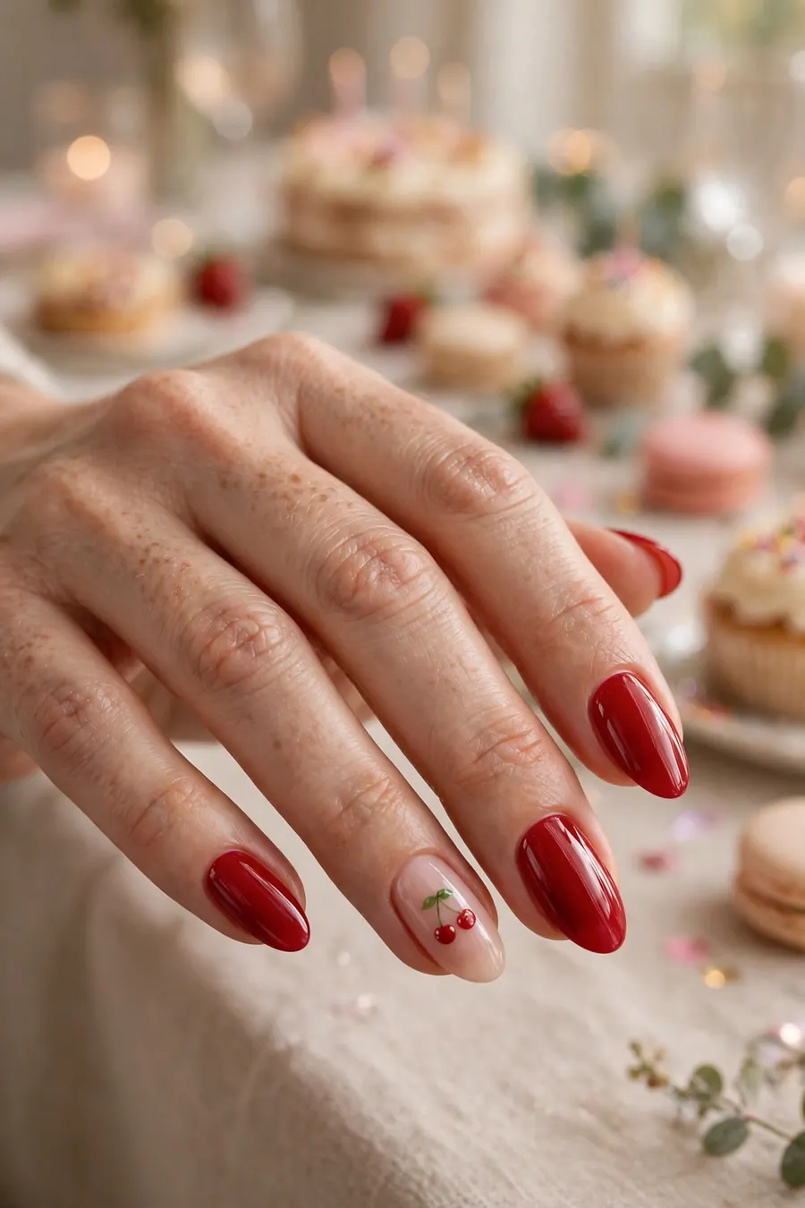 Cherry red birthday nails with a cherry accent nail