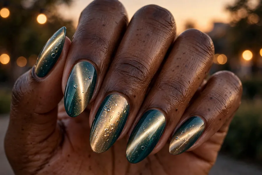 Almond nails with deep teal-to-champagne two tone cat eye nail polish, elegant light play