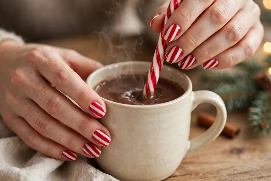 Diagonal candy cane stripe nails in glossy red and white on real hands