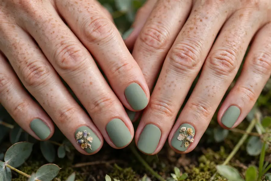 Sage green nails with tiny dried flower accents