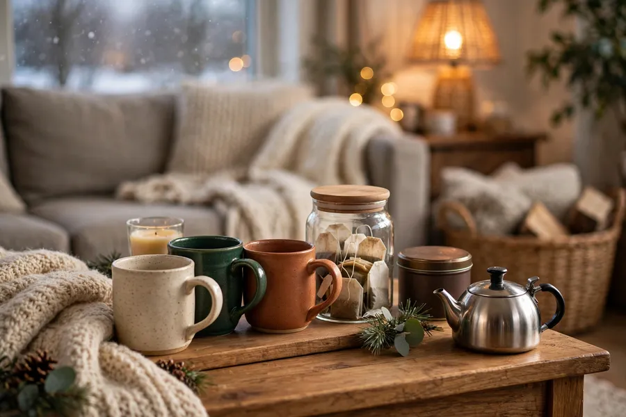 hot drink station with mugs and a kettle on a living room side table