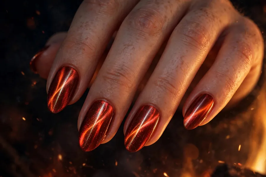 Ember glow orange-red cat eye nails