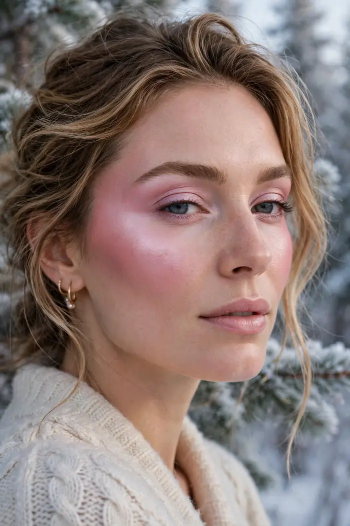 Cool pink frosted blush draped high toward the temples