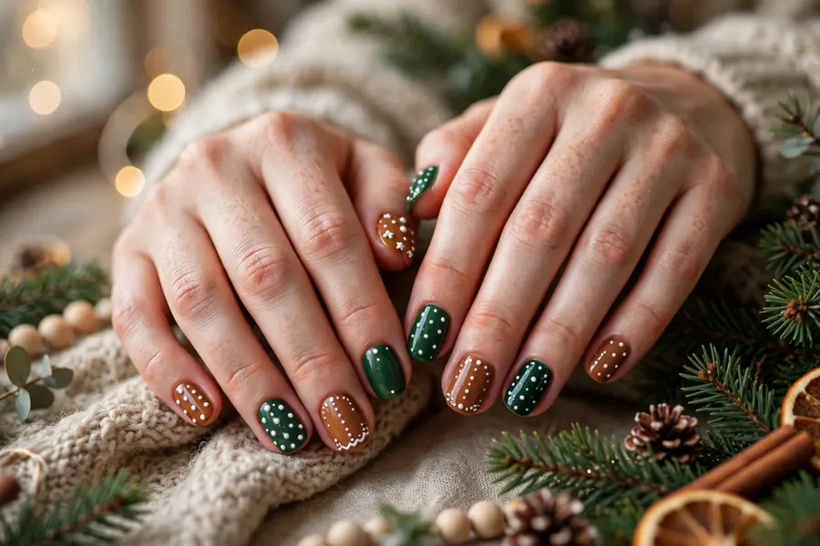 Gingerbread and evergreen mix nails with brown and deep green on real hands
