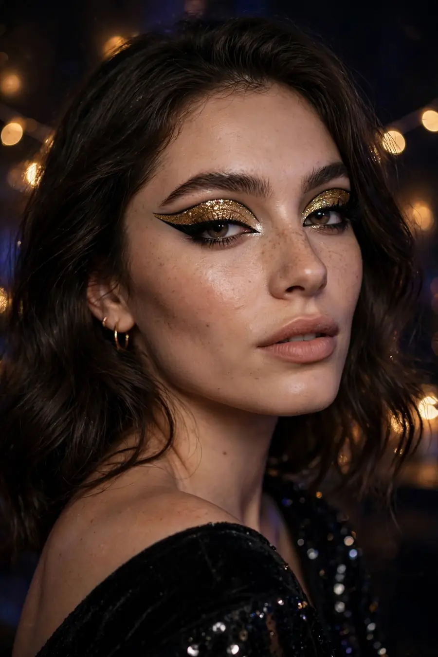 Woman with a winged glitter cat eye makeup look for New Year's Eve
