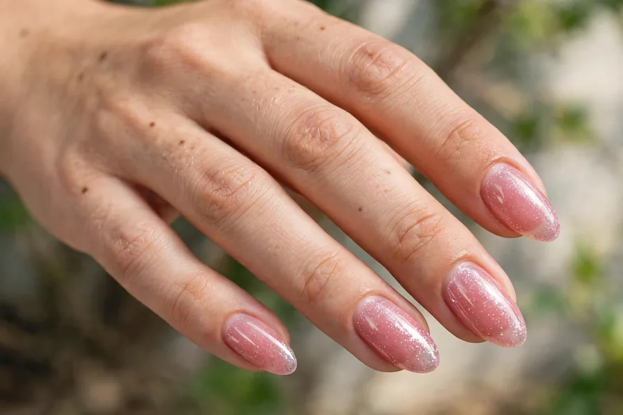 Real hand with sheer pink glitter lip gloss nails, sparkling shine