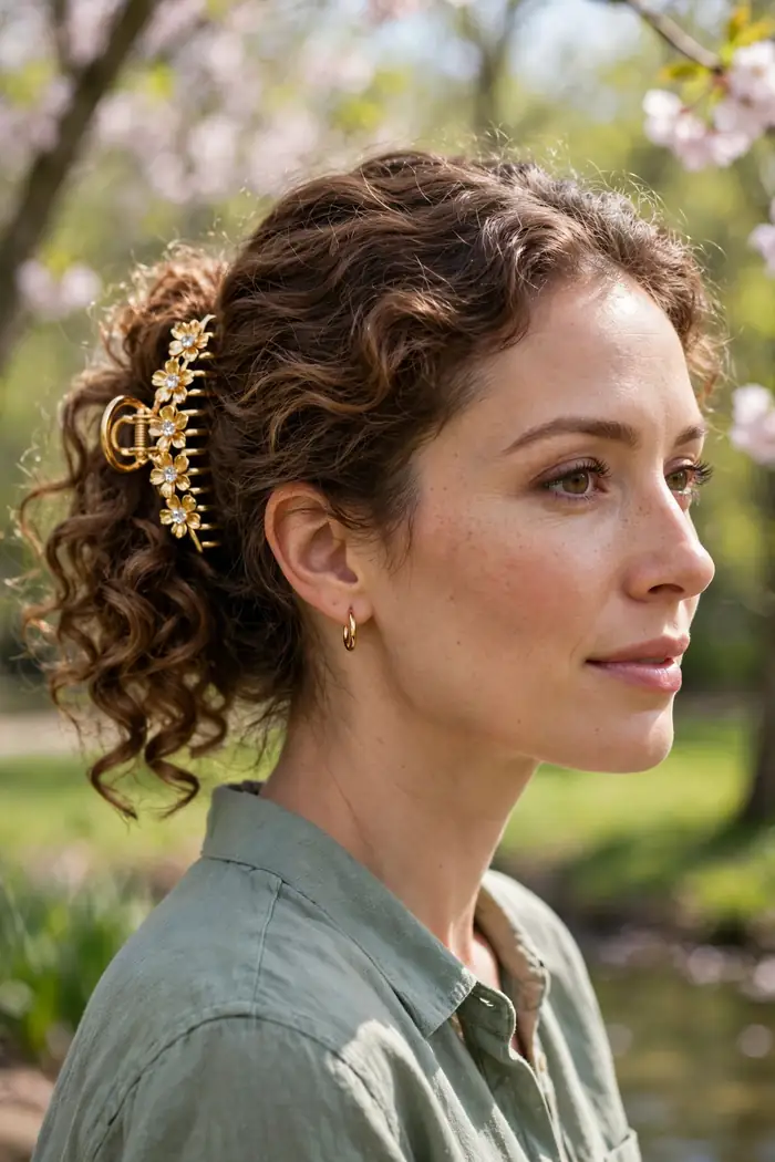 soft curls wearing a golden floral crystal claw clip