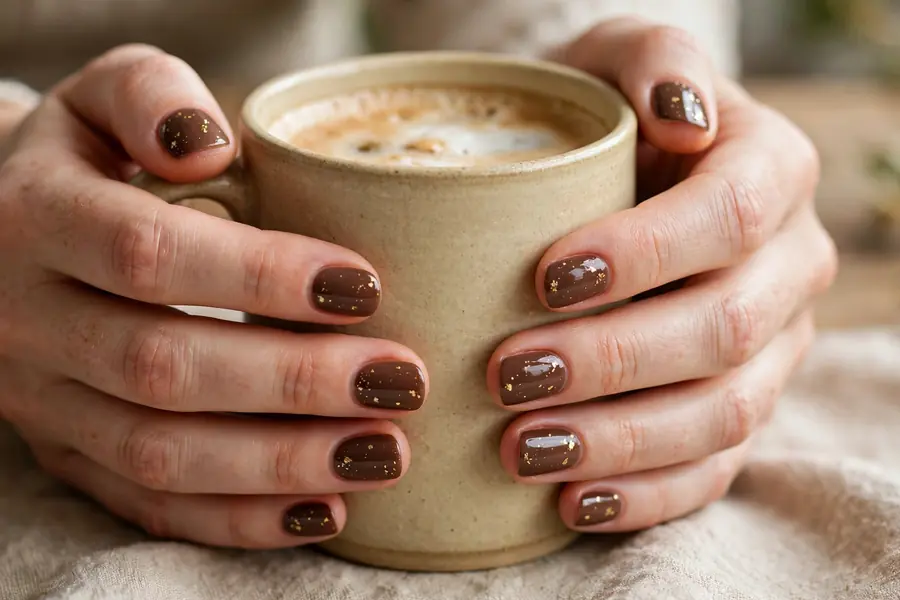 Hot chocolate nails with gold flecks on real hands holding a mug