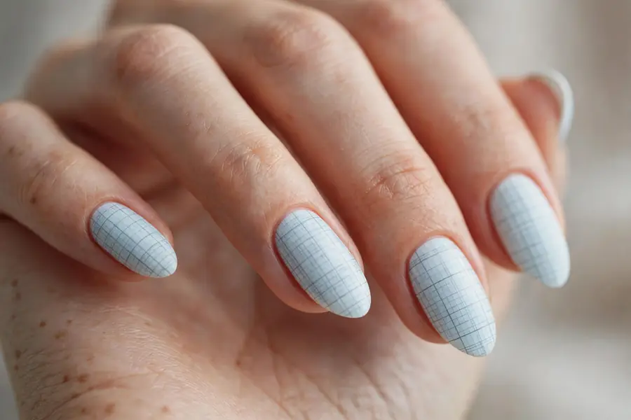 Graph paper grid striped almond nails on real hands
