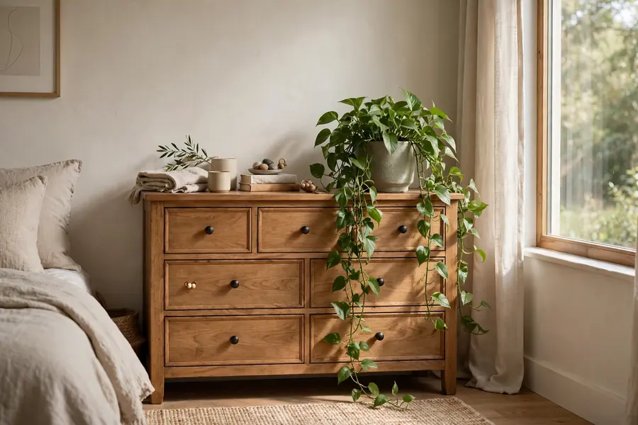 green plant on a bedroom dresser beside soft natural light