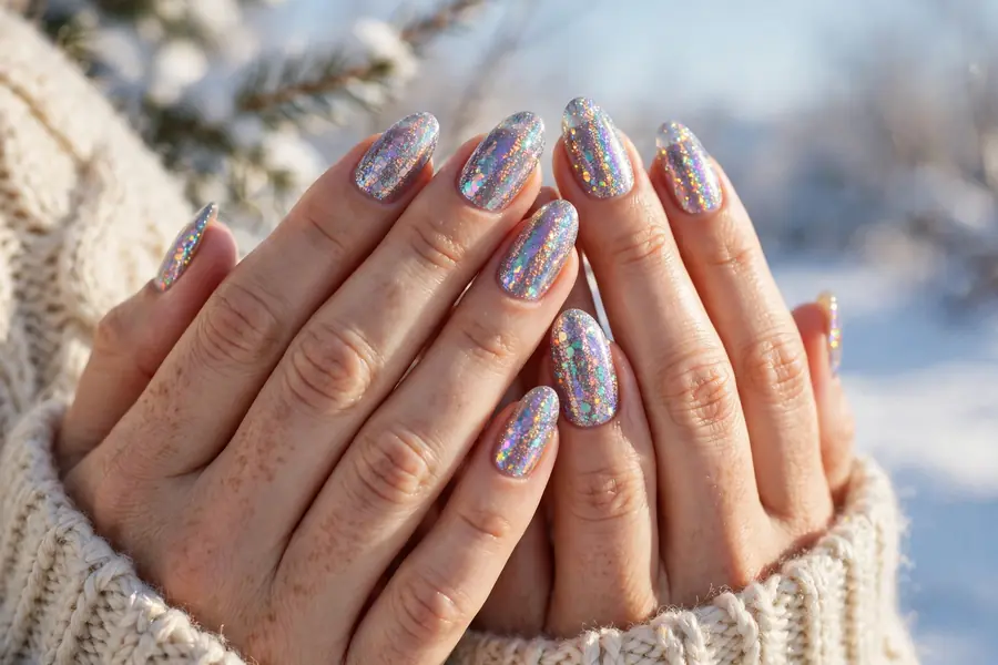 Holographic glitter nails on real hands in bright winter light