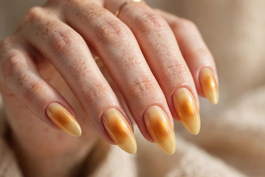 Honey glow aura nails with golden amber gradients