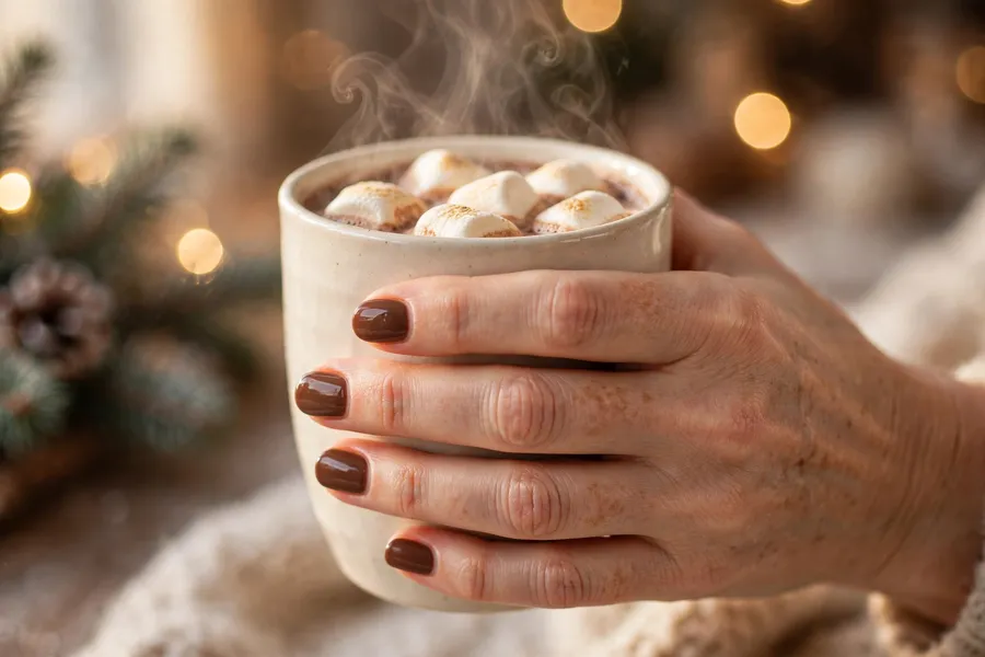 Hot cocoa brown december nail ideas in rich creamy chocolate brown with a glossy finish