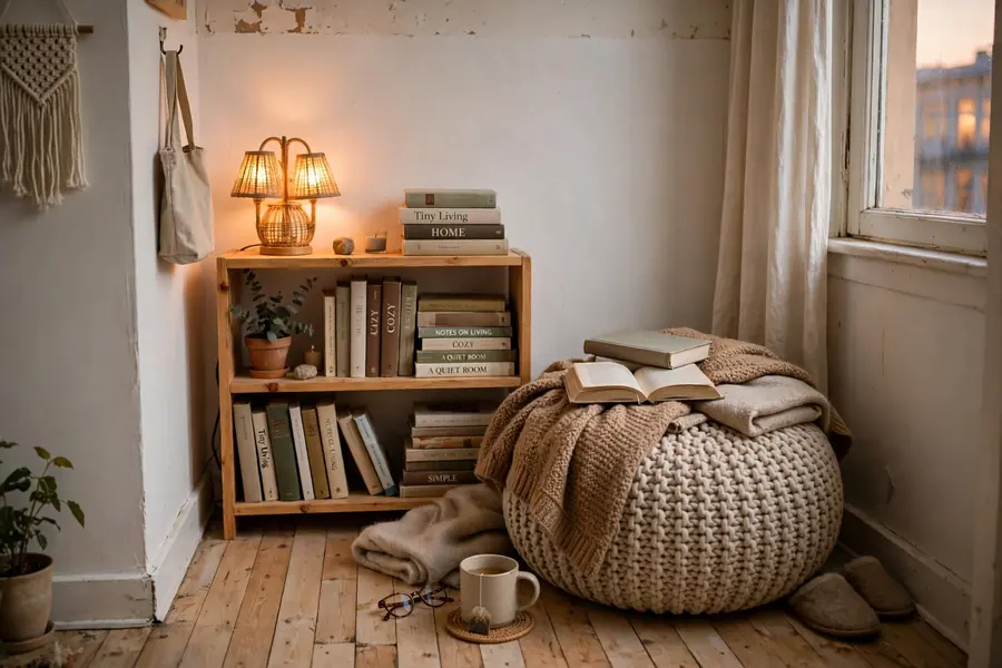 Small reading corner with a low bookshelf pouf blanket and books in a tiny space