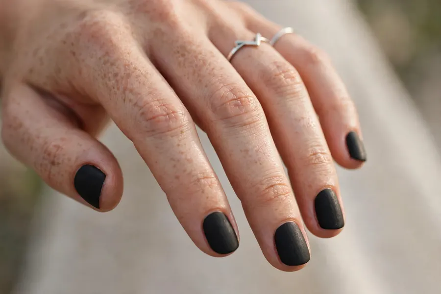 Matte black short nail designs on real hands