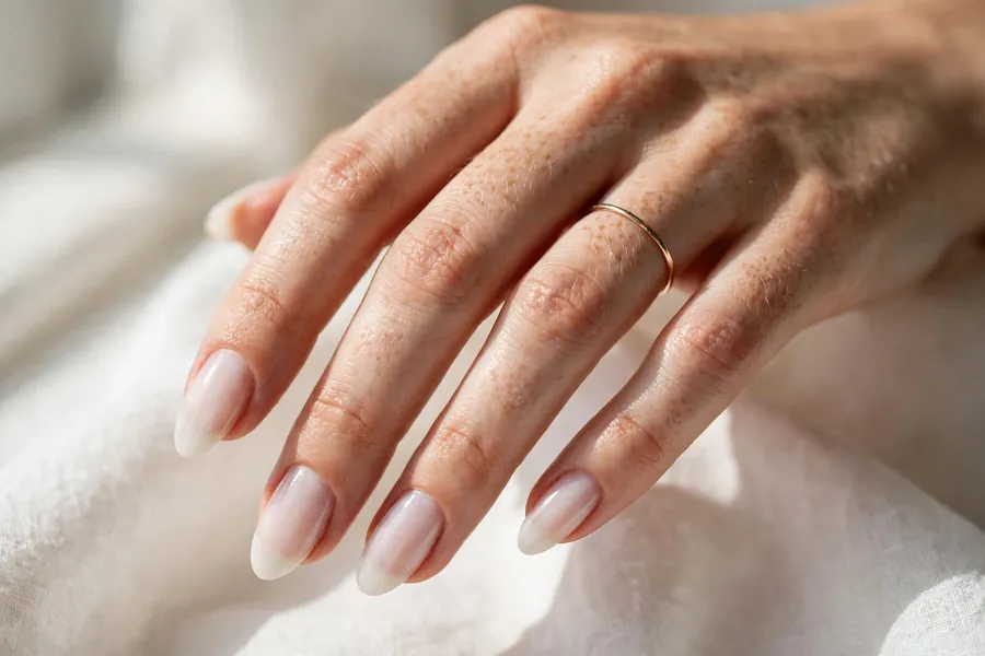 Milky sheer white bridal nails with natural healthy look