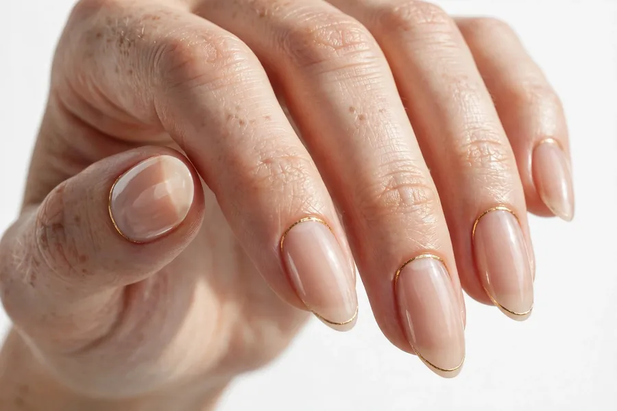 Hand with minimal nude nails and a fine gold chrome cuticle line