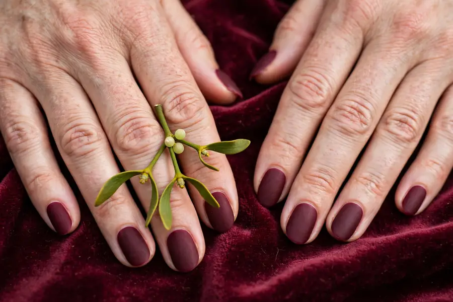 Mistletoe sprig on burgundy velvet matte mistletoe nails on real hands on a velvet cloth