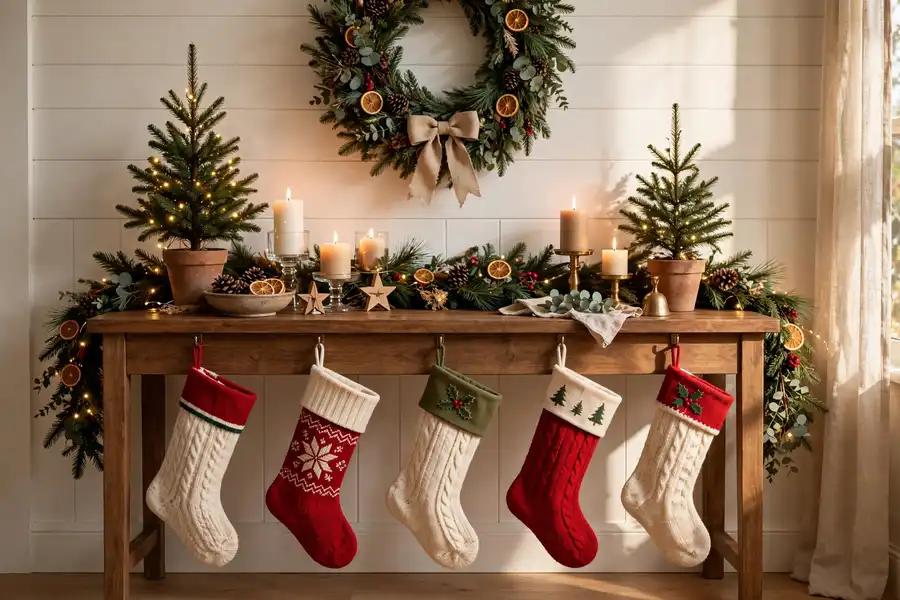 Console table styled as a mantel shelf with Christmas garland and candles