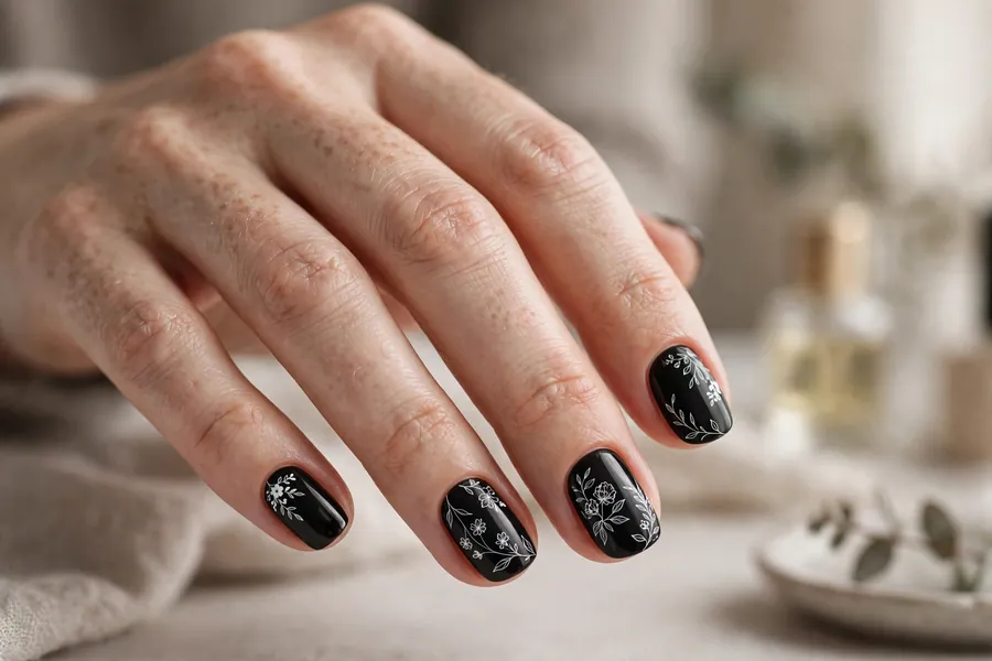 Black nails with delicate floral nail art, noir black nails design