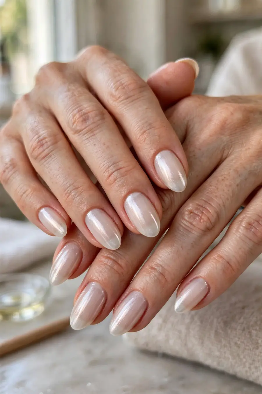 Barely-there nude milky white chrome nails for a natural polished look