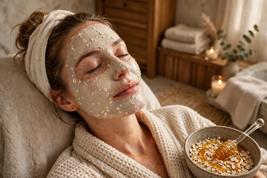 Oatmeal face mask applied to skin in a cozy bathroom