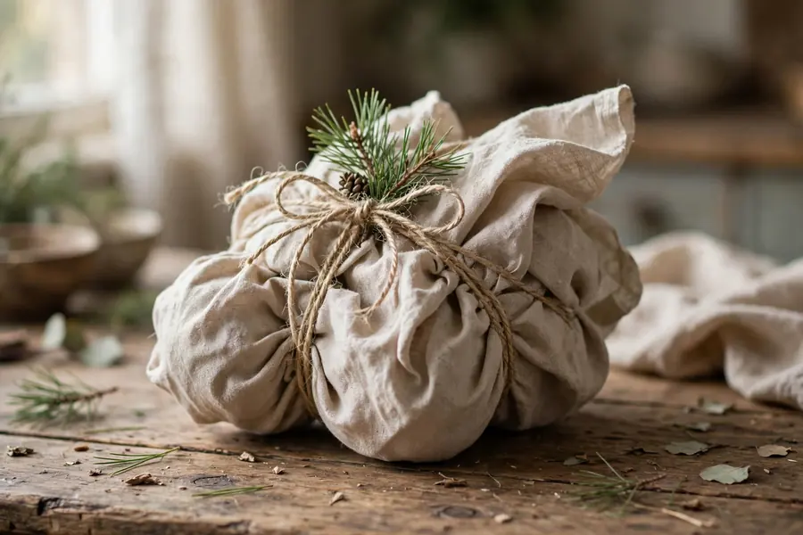 An odd-shaped Christmas gift wrapped in fabric with twine and greenery