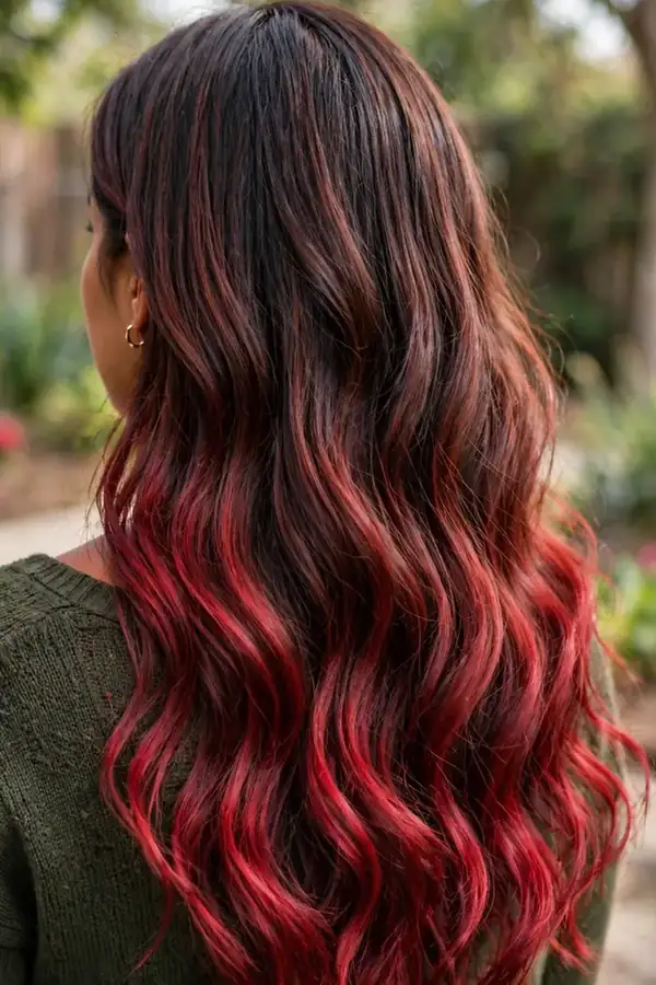 Cherry cola brunette ombre with dark roots melting into cherry ends