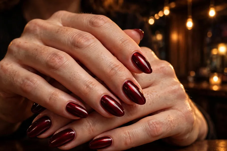 Dark oxblood red chrome date night nails on real hands in warm club light