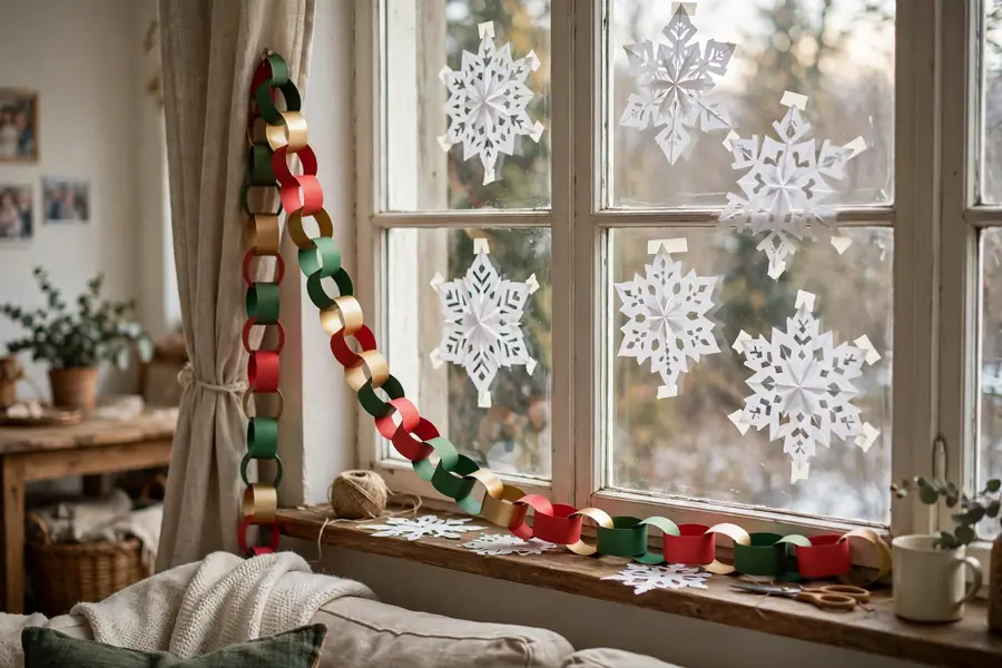 Handmade paper snowflakes and paper chains decorating a living room window