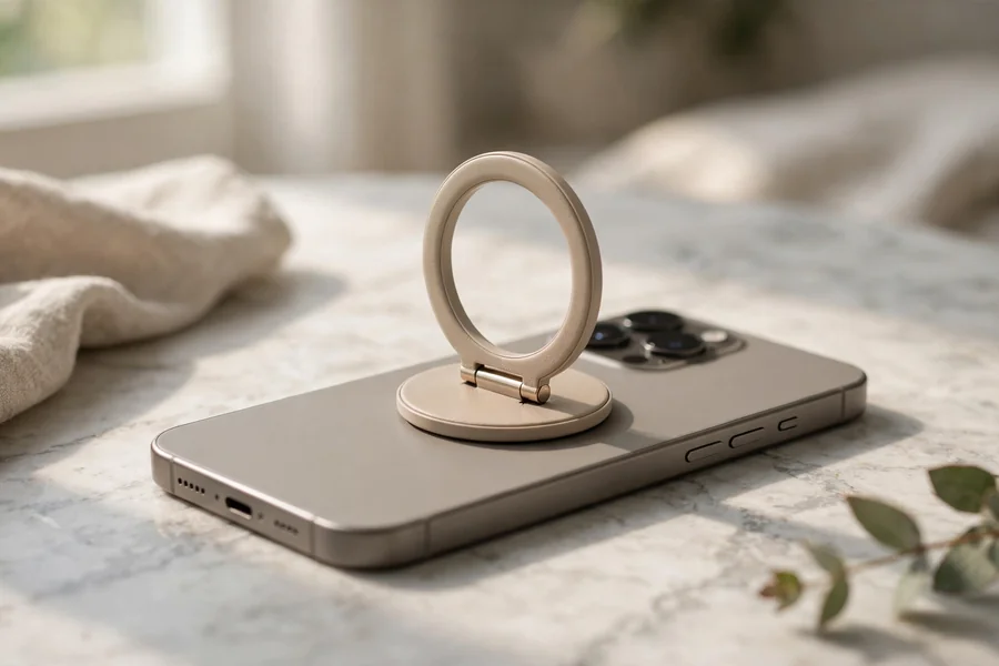 Round beige phone grip ring stand attached to a smartphone
